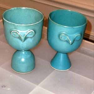 Charming Stoneware Teal Owl Wine Goblets Pottery